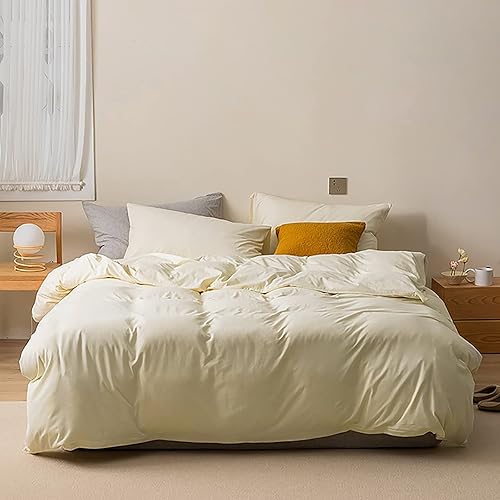 Luxlovery Juego de edredón de color marfil, tamaño Queen, color blanco crema, juego de ropa de cama minimalista color beige y blanco, juego de ropa