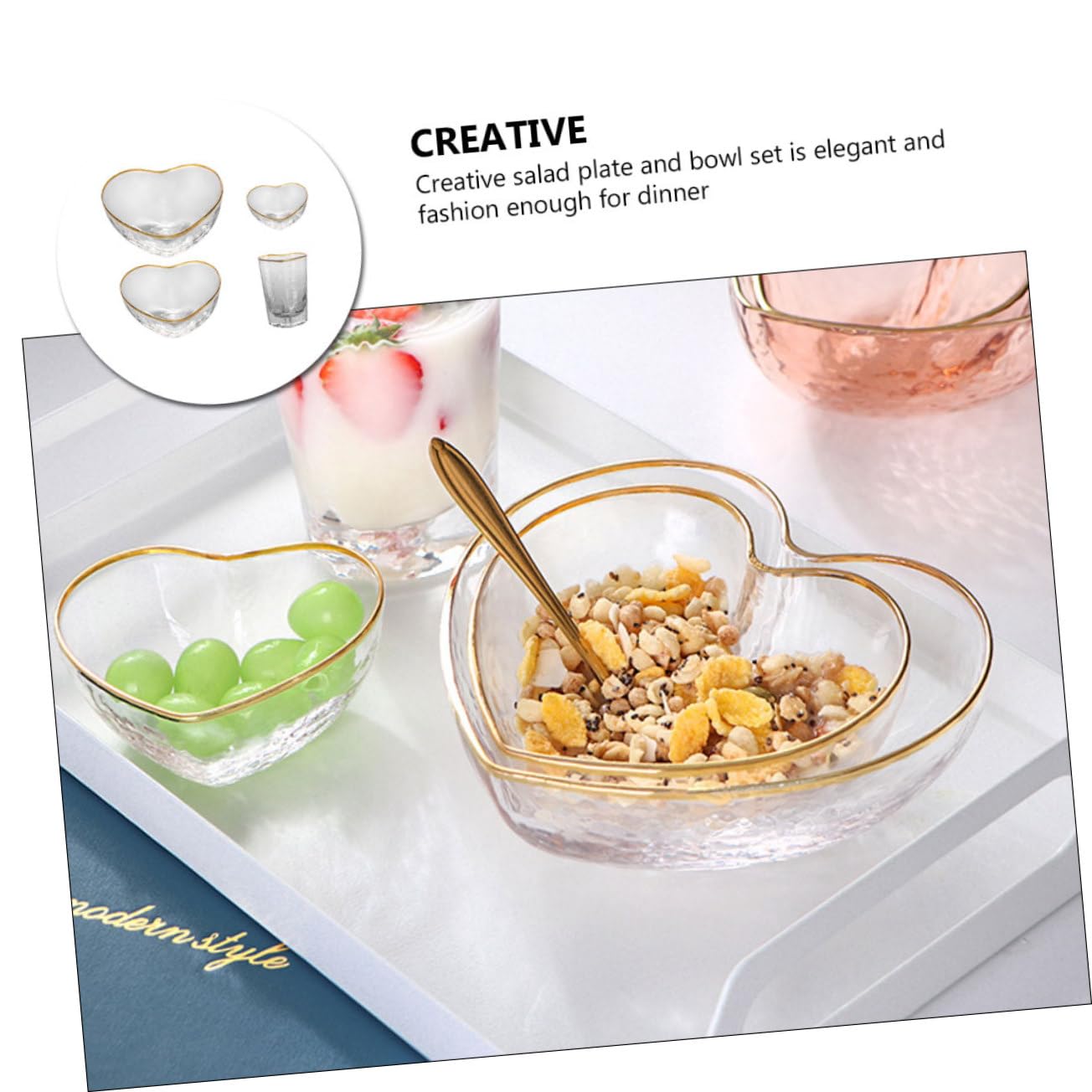 Cabilock Ensemble Bol et Tasse à Dessert en Verre, Saladier Transparent, Surface Lisse et Brillante, 4 Pièces, pour Mariages et Réunions de Famille