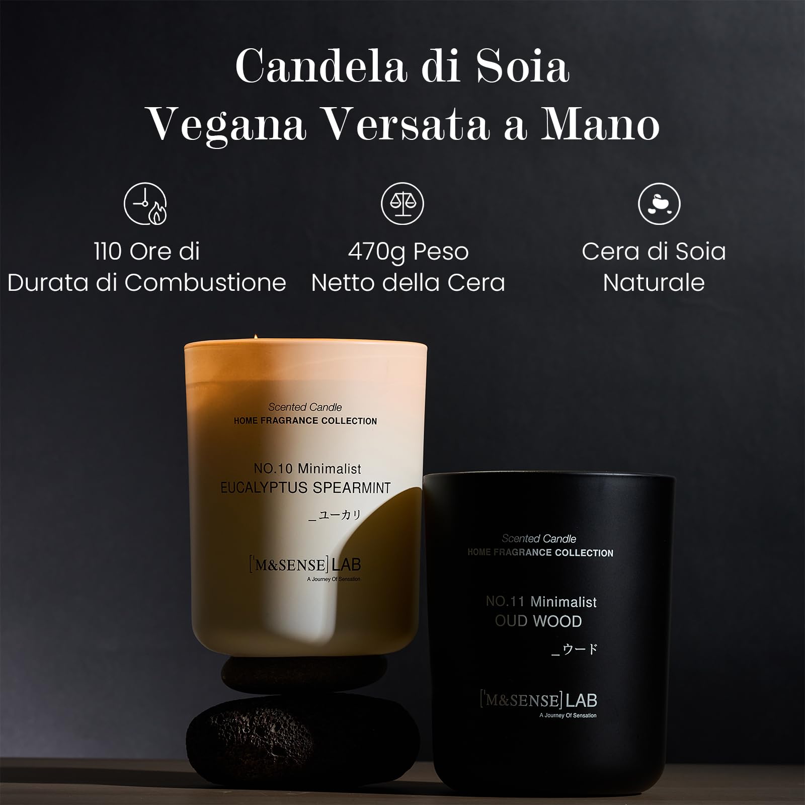 M&SENSE Grande Candele alla Soia 470g in Vetro, Eucalipto e Menta Verde, 110H Combustione, Naturale Candela Non Tossico, Doppio Stoppino in Cotone, Aromaterapia Relax, Regalo di Lusso Donne & Mamma