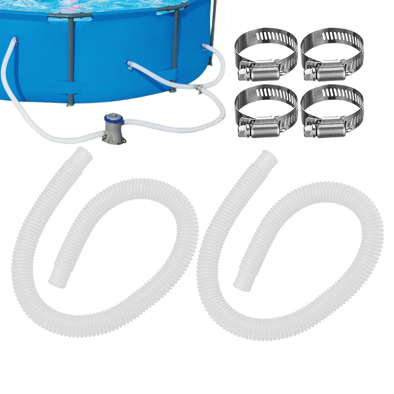 2pcs Swimming Pool Pump Replacement Hose, 1.5 Meter Long Filter Pump Swimming Pool Pipe Kit with 4 Metal Clips, SwimmingPool Replacement Hose PE Water Drain Hoses for Garden Outdoor Hosepipe