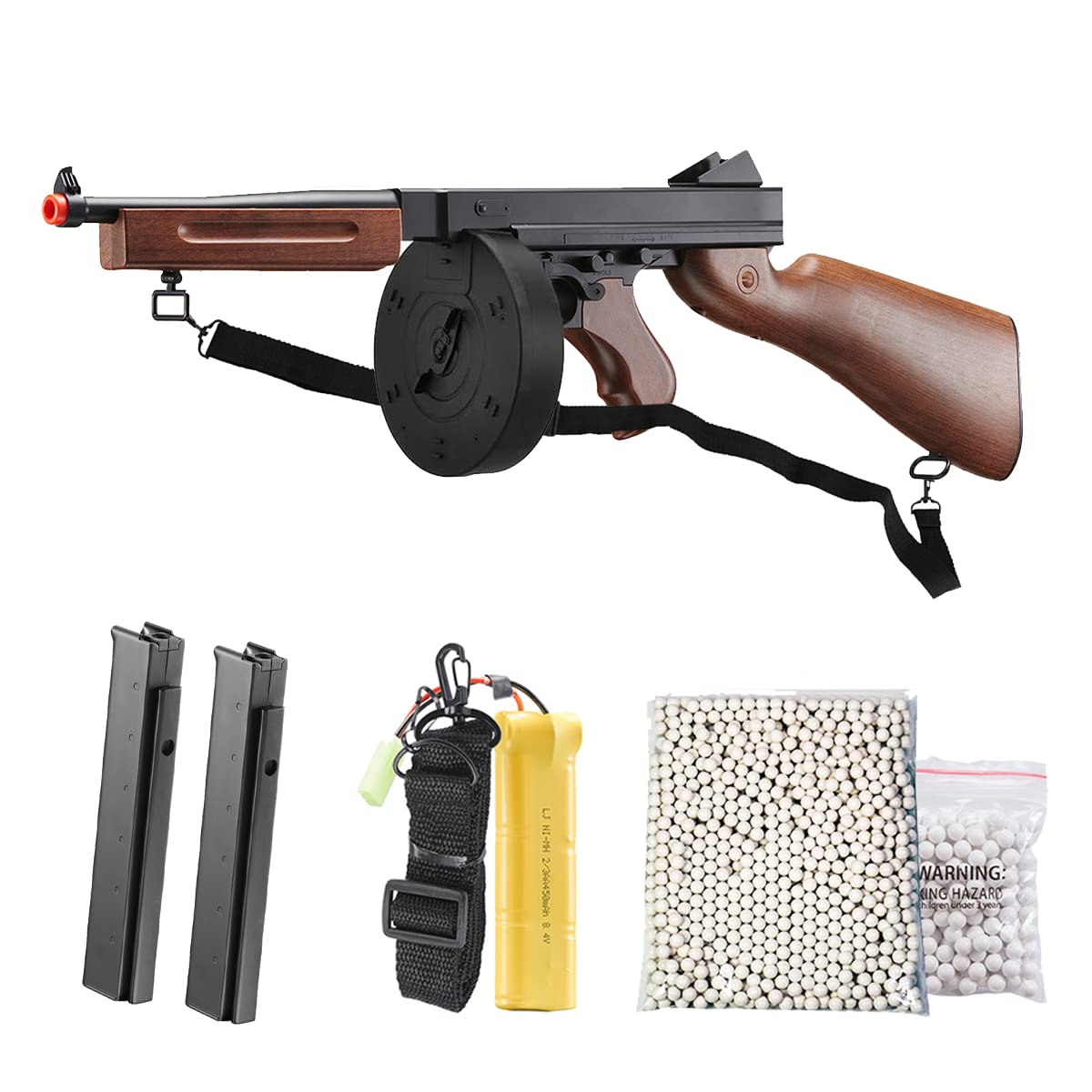 Airsoft M1A1 Durable Submachine Gun WW2 Chicago Typewriter Full Auto SMG AEG with Extra Stick Magazines, Battery and Charger