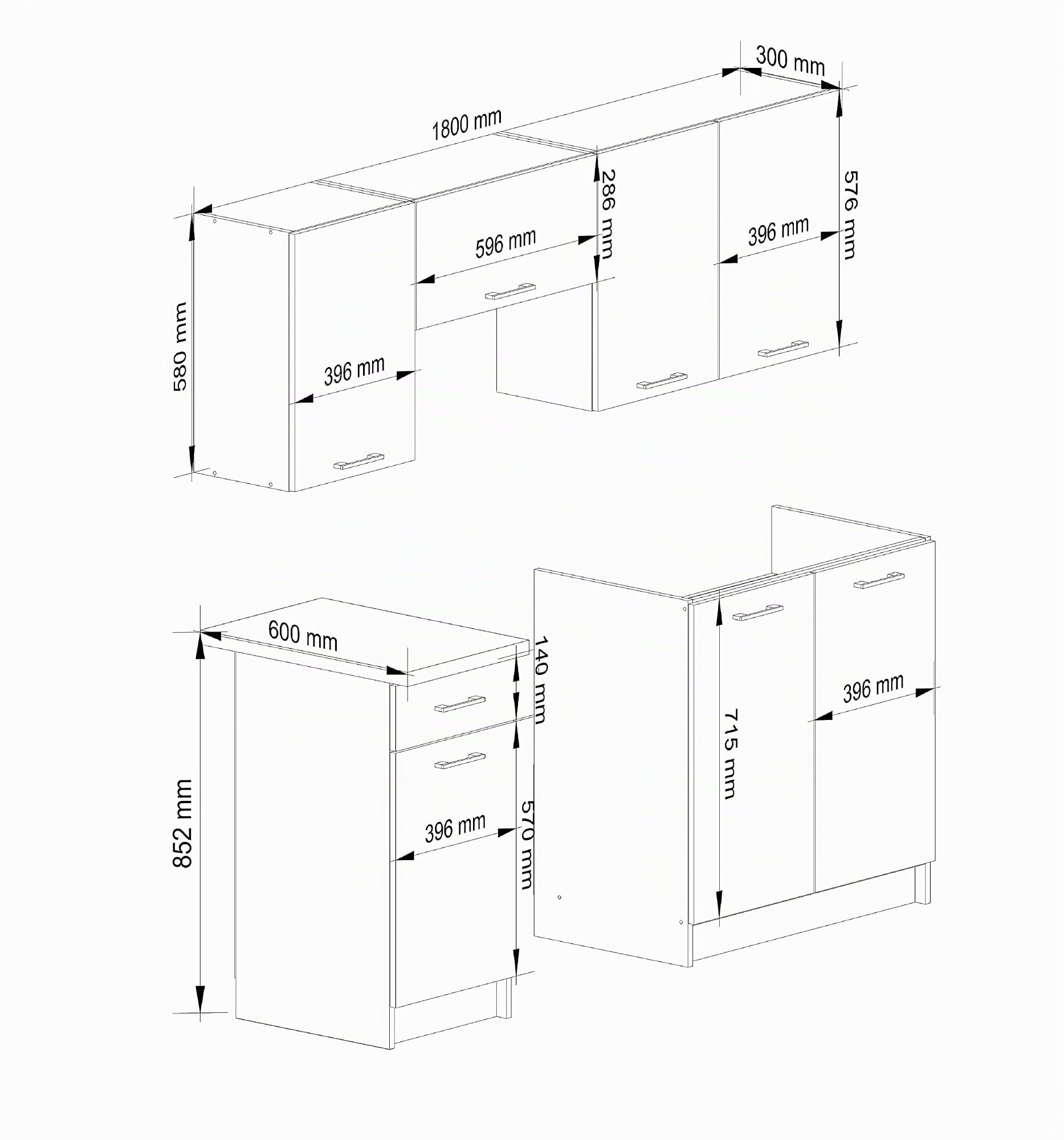 AKORD | Conjunto de Muebles de Cocina Oliwia | Completa Pequeña | Mueble Modular | A Medida 180 cm | Modulares Pequeñas | Blanco y Hormigón Frente