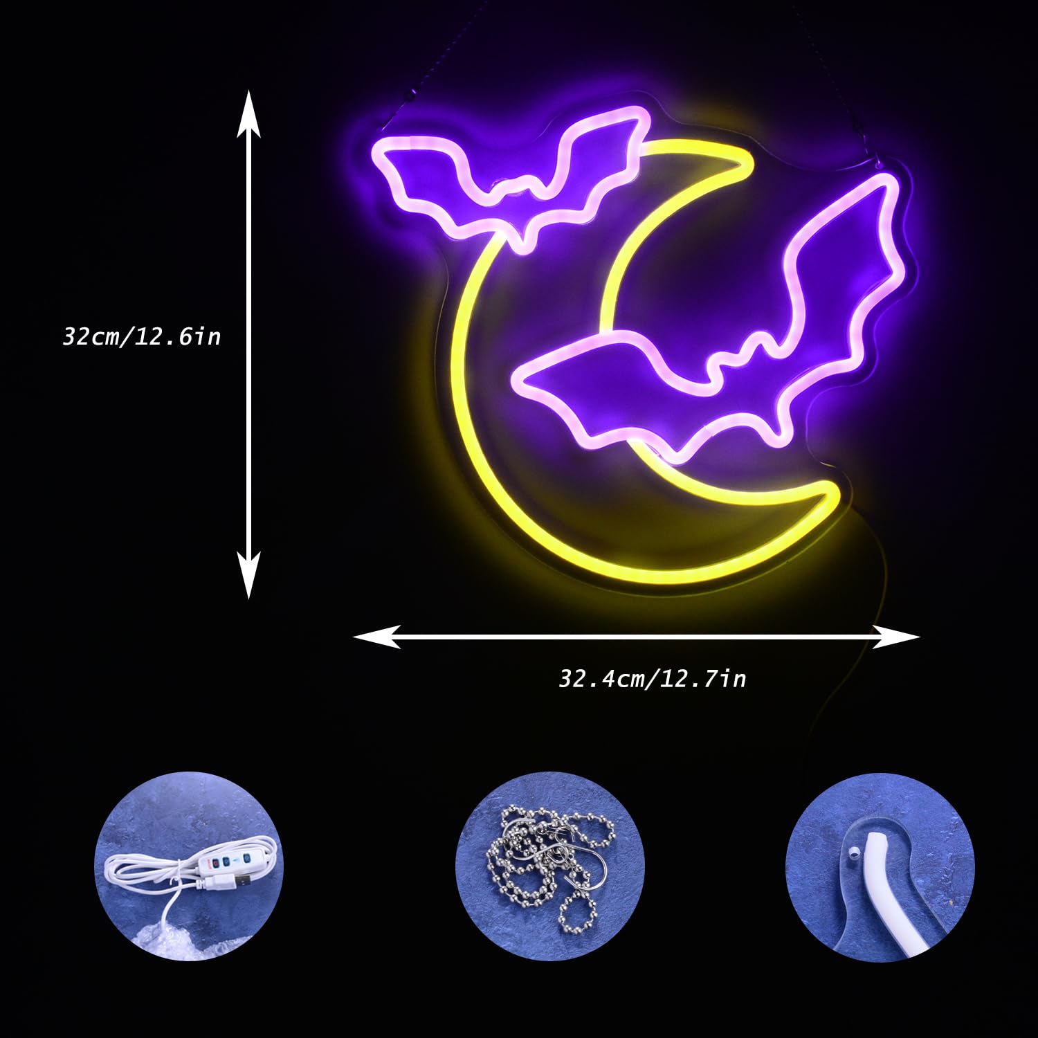 Halloween Decorations Neon Signs, Moon and Bat LED Light,Neon Light up Halloween Party, USB Powerd Gothic Neon Lamp for Festival Wall Decor, Bar, Bedroom,Living room, Wedding,Halloween
