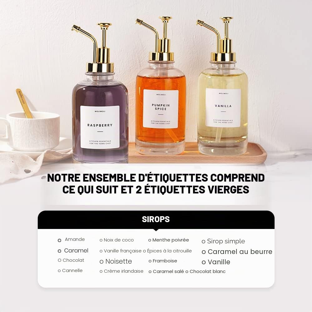 Distributeur de Sirop Molimoli pour Bars à Café, Flacon de Sirop en Verre avec Pompe, 16,9 oz 500 ML, Set de 2, Distributeur avec Pompe Améliorée Or