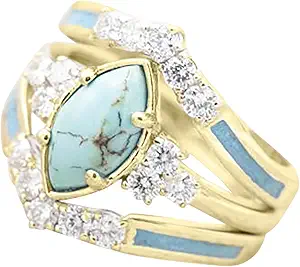 Pingyongchang 3 PCS Ring Set Natural Turquoise Diamond Rings Turquoise Gold Color Rings for Women Turquoise Jewelry Sparkling Natural Gemstone