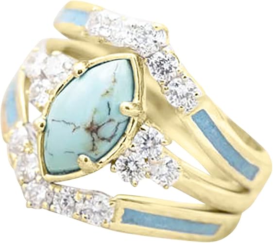 Pingyongchang 3 PCS Ring Set Natural Turquoise Diamond Rings Turquoise Gold Color Rings for Women Turquoise Jewelry Sparkling Natural Gemstone