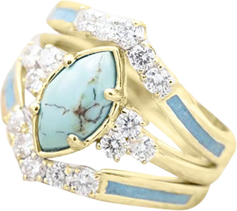 Pingyongchang 3 PCS Ring Set Natural Turquoise Diamond Rings Turquoise Gold Color Rings for Women Turquoise Jewelry Sparkling Natural Gemstone