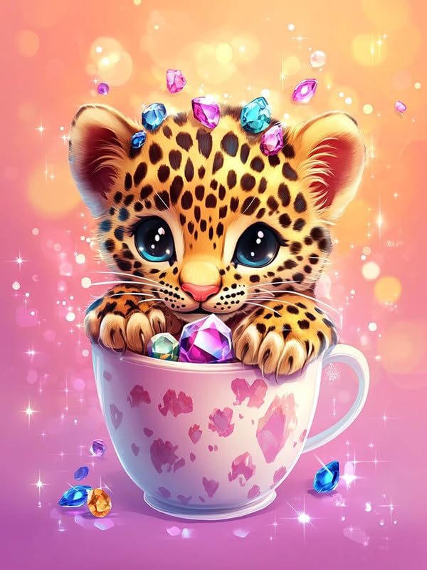 Pavemlo 5D Diamond Art Kits for Adults Tiger in Cup, Full Drill Diamond Art Animals Pictures Paint with Diamonds, DIY Cross Stitch Jewel Art Rhinestone Craft for Home Wall Decor 12x16 Inch