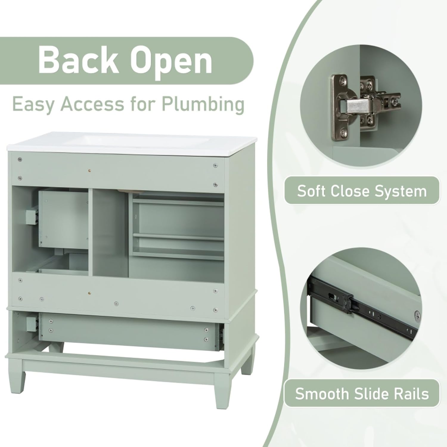 30" Bathroom Vanity with Sink, One Door with Shelf and Three Drawers, Soft Close Door, Green (Light Green + Ceramic+MDF + Rubber Wood)