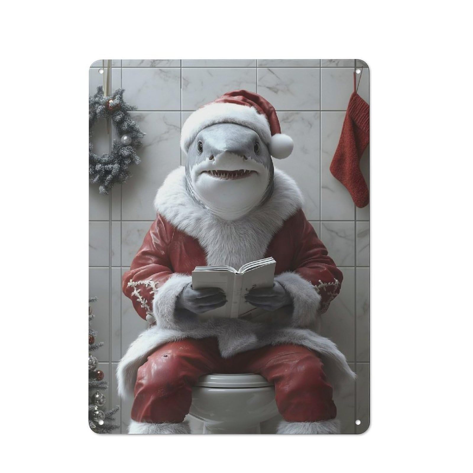Junmoney Shark Santa On Toilet Animal Metal Plaque 40X30cm With For Hallway Wall, Rustic Decor, For Garage, Workshop And Man Cave Decoration