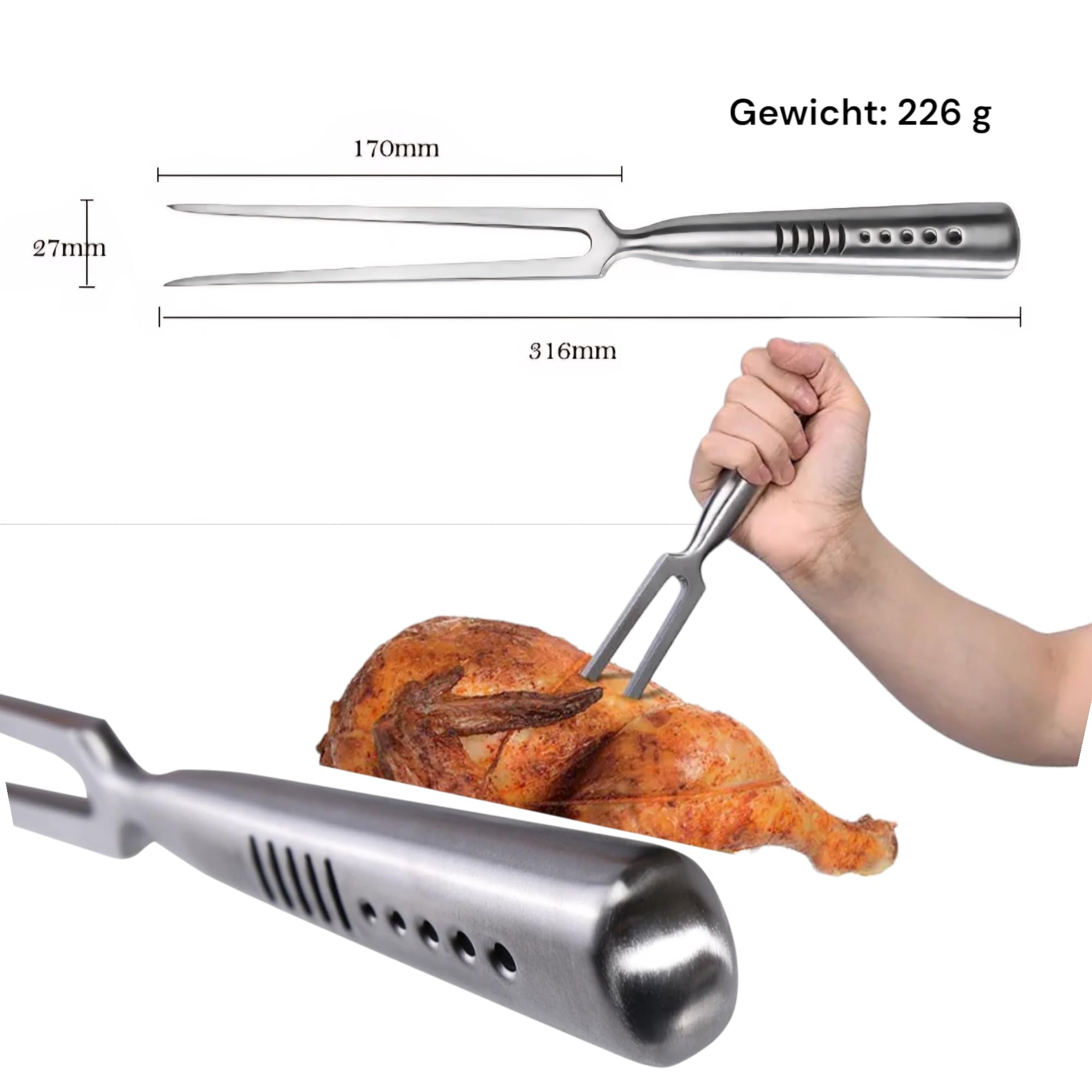 S Shark Messerset – Chefmesser 36 cm & Fleischgabel 32 cm – Voll-Edelstahl – Silber – Profi BBQ & Küchen Set – Haifisch-inspiriertes Design – Teil der S Shark Serie