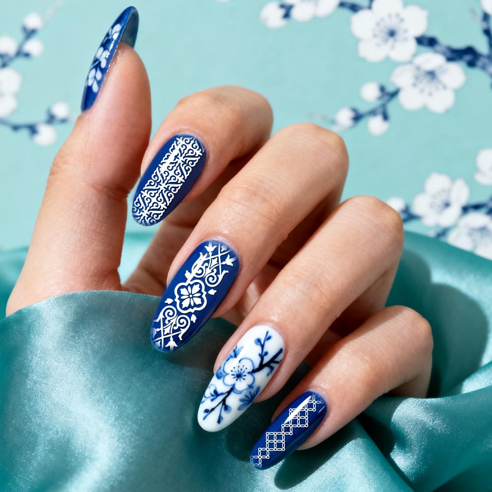 PH PandaHall 4pcs Plaque de Tampon à Ongles à Motifs de Style Chinois Modèle D'Art D'Ongle à Longue Bande Rétro Motifs Floraux Pochoirs à Ongles Bordures Traditionnelles pour Femmes Manucure Décor
