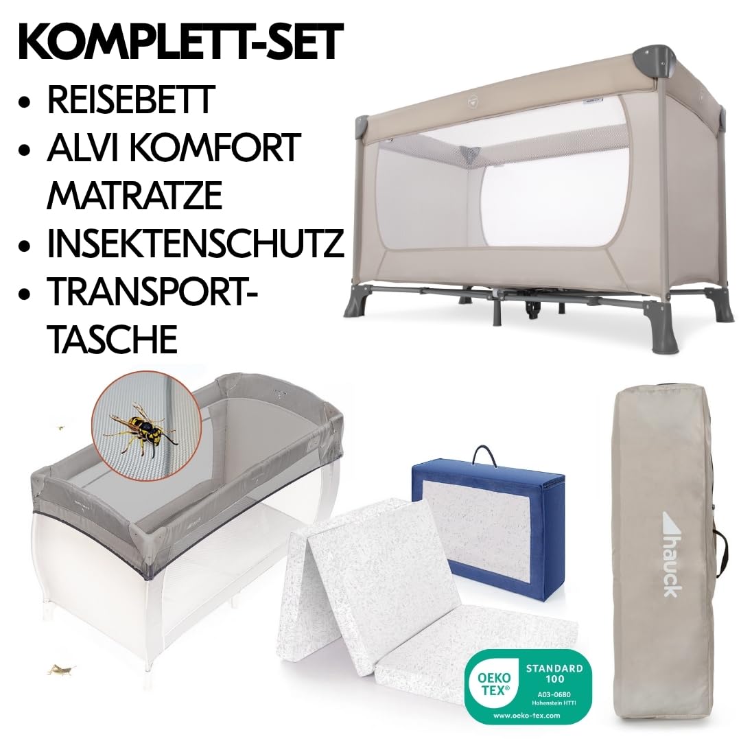 Hauck Baby Reisebett Set Dream N Play mit Alvi Komfort Matratze und Moskitonetz - faltbares Kinder Babyreisebett - Beige