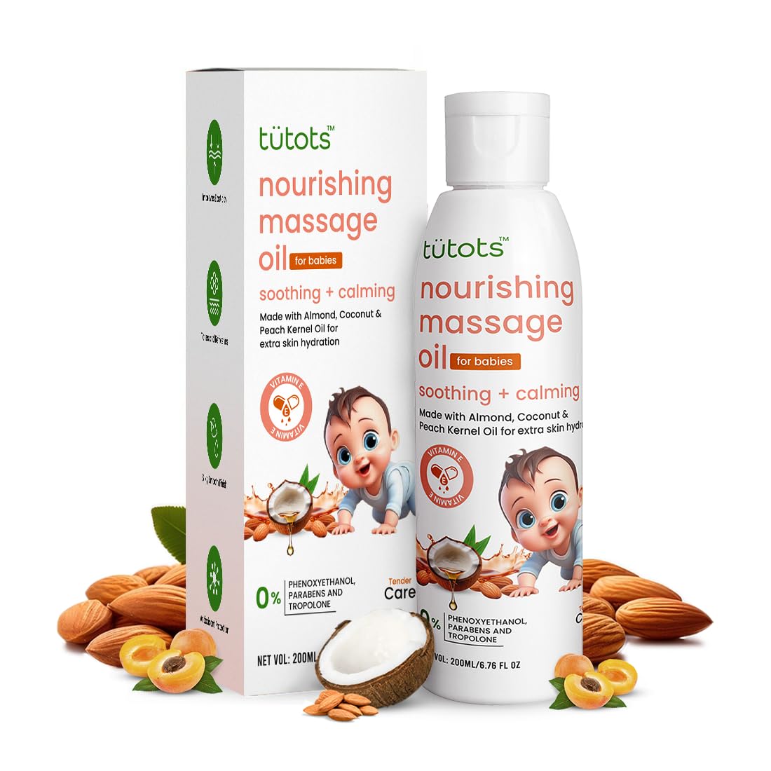 tütots Nourishing Baby Massage Oil 200ml - Almond Oil Coconut Oil & Peach Kernel Oils - Vitamin E Enriched - Ideal Baby Oil - Gentle Hydration & Care - Softens & Protects Skin