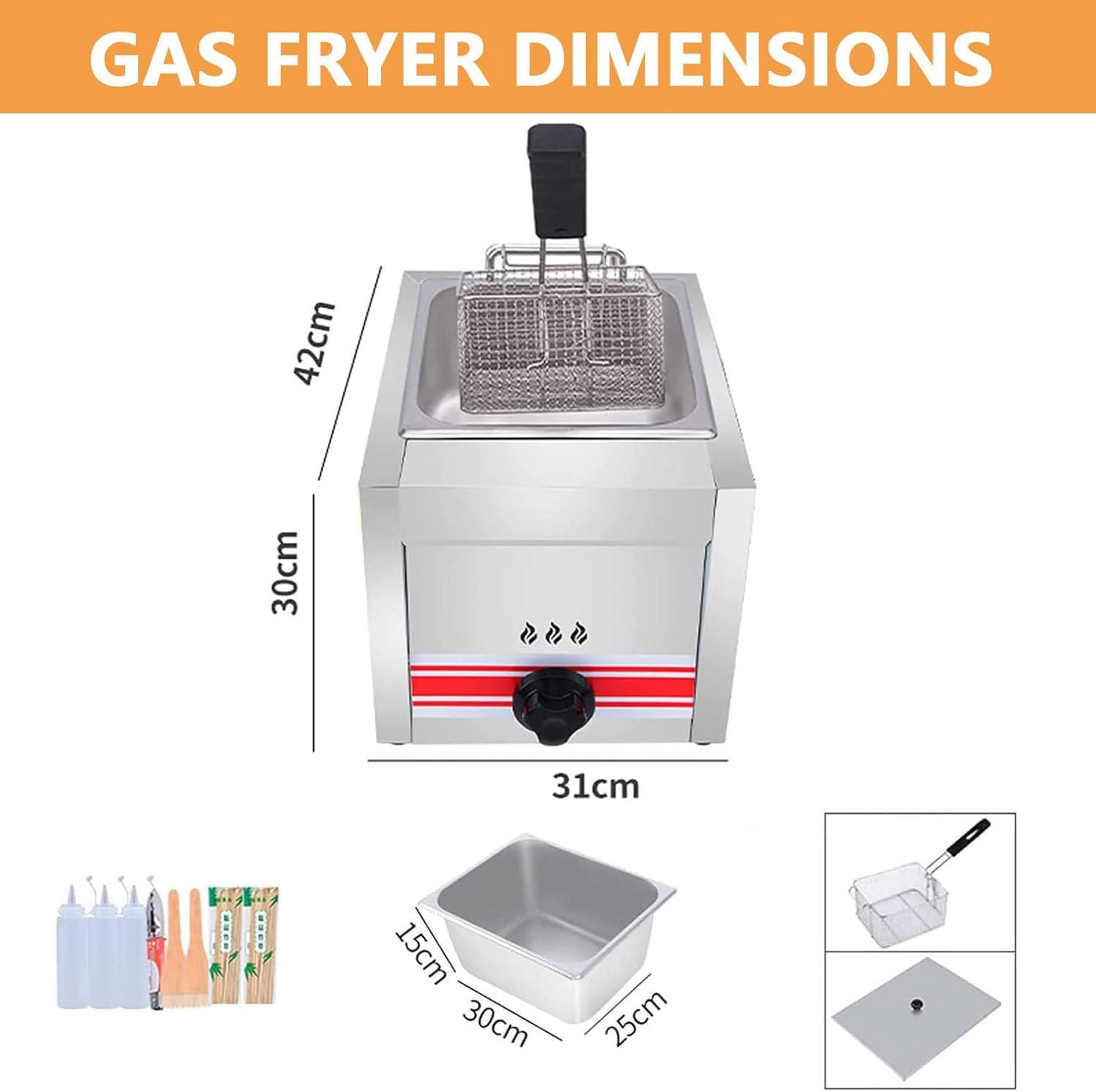Friggitrice a Gas Grande capacità 10L/20L/30L, Friggitrice a Gas Professionale, Doppia Friggitrice di Grado Commerciale con Potenza di Fuoco Regolabile,SingleCylinder10L