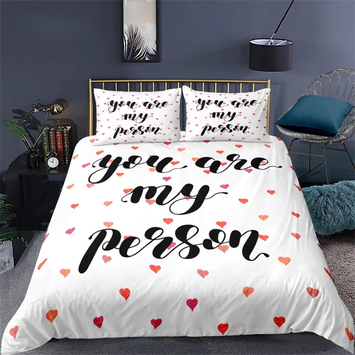 Housse de couette motif cœur rose 140x200 parure de lit simple romantisme en microfibre avec taie