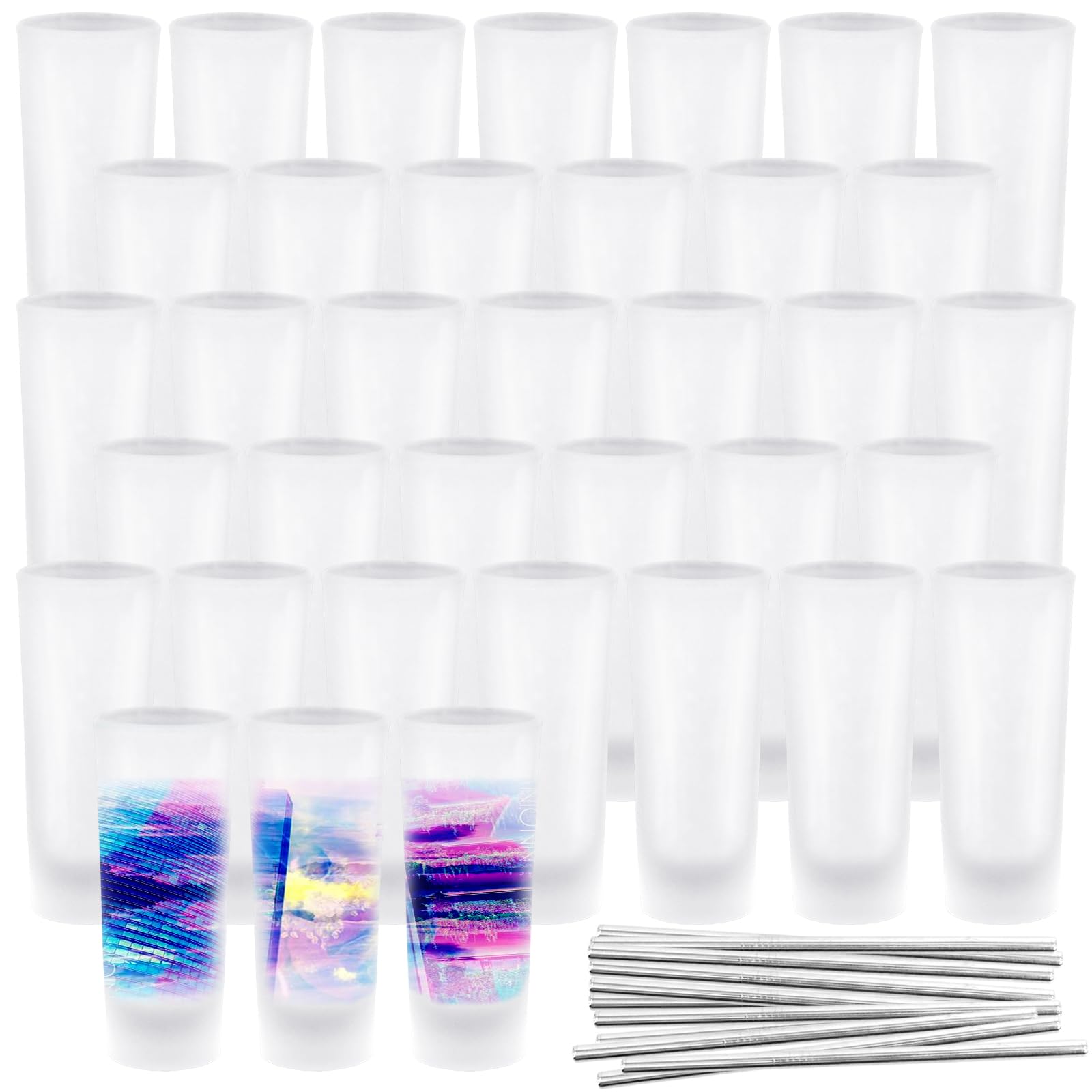 UCEHIPAW 36 Pcs Sublimation Frosted Shot Glasses with 18 Pcs Straw 3 oz Wine Shot Cup Personalized Blanks Heavy Base Glass Cups for Party Wedding Beer Vodka Whiskey Espresso