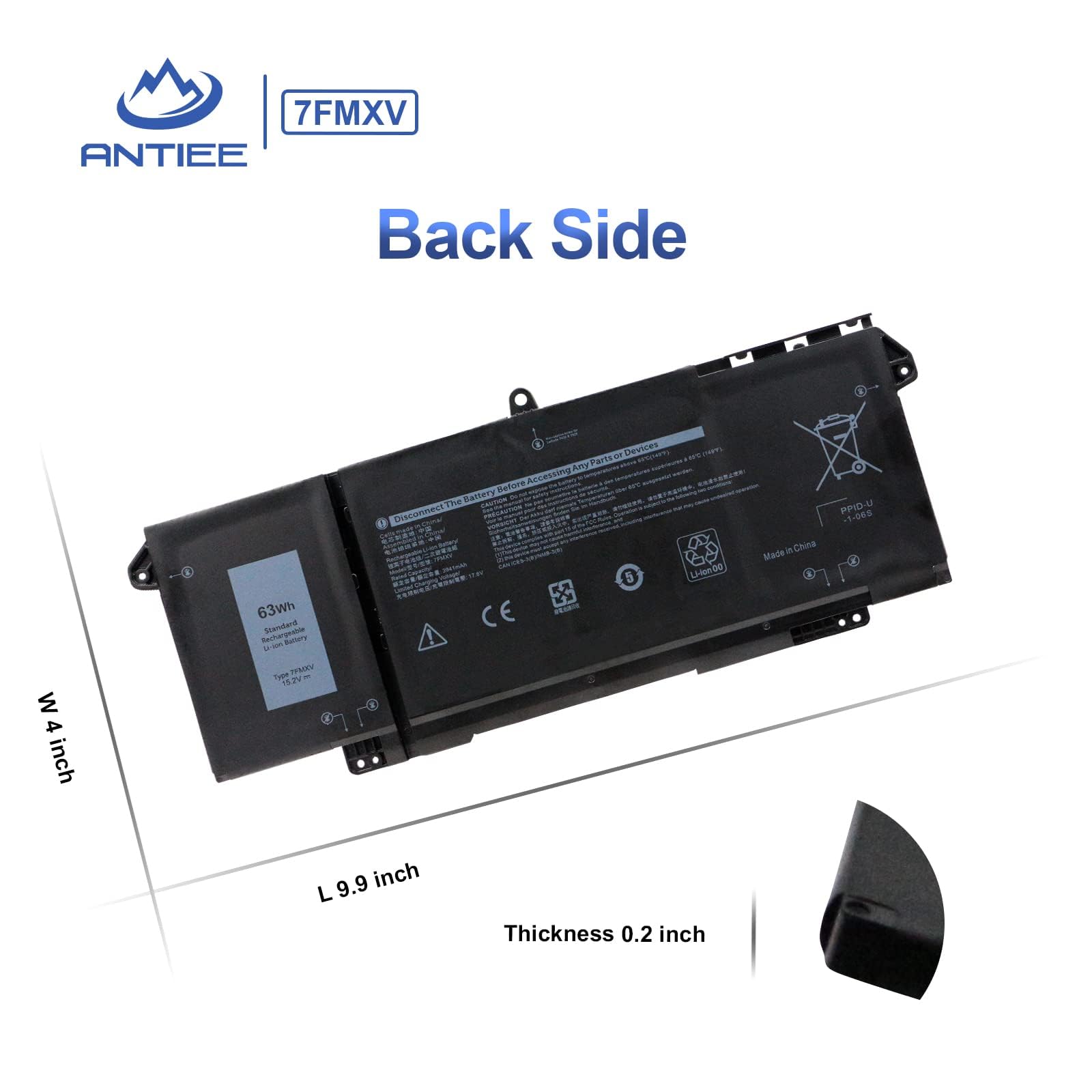 ANTIEE 63Wh 7FMXV Laptop Batería Replacement pour DELL Latitude 5320 7320 7420 7520 13 5320(2-in-1) Series TN2GY 0TN2GY 9JM71 4M1JN 1PP63 727CG HDGJ8 0HDGJ8 MHR4G CN-0727CG CN-0TN2GY 15.2V 4Cell