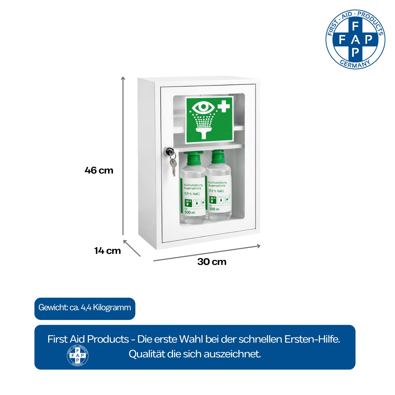 First Aid Products Augenspülschrank mit Sichtfenster – 2x Augenspülung NaCl 0,9% (500ml) – Metall, abschließbar, Eyewash station, Augenspülstation & Augendusche – Nachrüstung Werkstatt & Betrieb