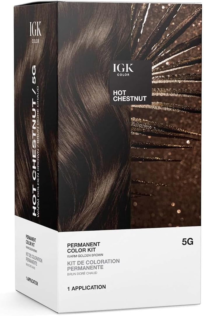 IGK Permanent Color Kit HOT CHESTNUT - Warm Golden Brown 5G | Easy Application + Strengthen + Shine | Vegan + Cruelty Free + Ammonia Free | 4.75 Oz