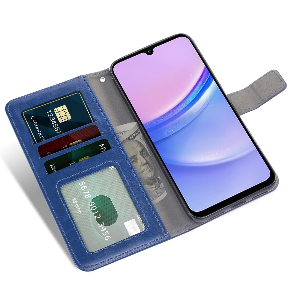 Asuwish Compatible with Samsung Galaxy A15 5G Wallet Case Tempered Glass Screen Protector and Leather Flip Cover Card Holder Stand Cell Accessories Phone Cases for A 15 4G 15A Women Men Blue