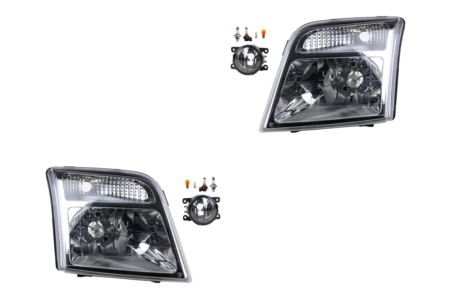 Johns, Juego de faros delanteros halógenos para Ford Transit Connect 02 06/2002 H4 izquierda y derecha + faros antiniebla + bombilla