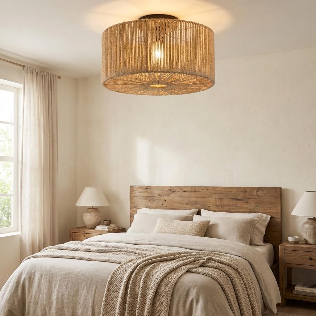 Alpinaluz Plafón de Techo YUTORA Ø40 cm, Lámpara Artesanal de Cuerda de Yute Beige con Estructura de Acero para Salón, Dormitorio y Entrada, Estilo Rústico Boho, Luz Suave y Acogedora