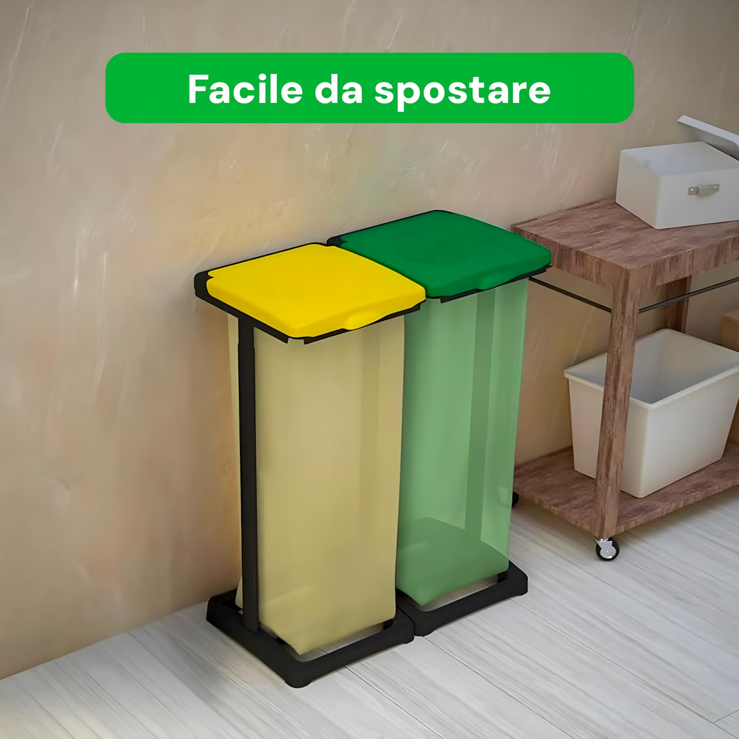 Avilia Portasacco Doppio Raccolta Differenziata - Resina PP Riciclata, 80-110L, Resistente alle Intemperie - Verde/Giallo - Made in Italy - Ideale per Esterni ed Interni