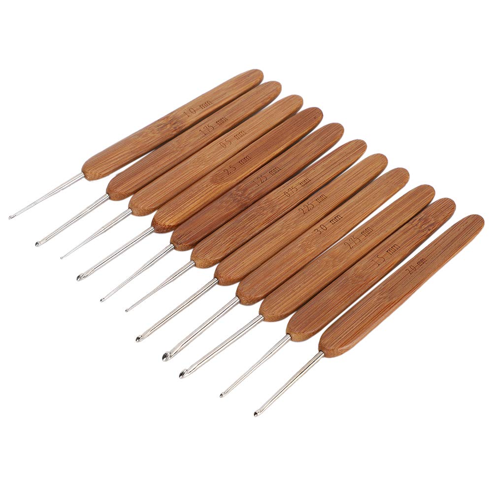 11pcs Bamboo Crochet, Ergonomic Hooks Set Mix Size Knitting Needles Handle PortableBraiding Weaving Tool Hook Knit Yarn Craft Sewing Tools