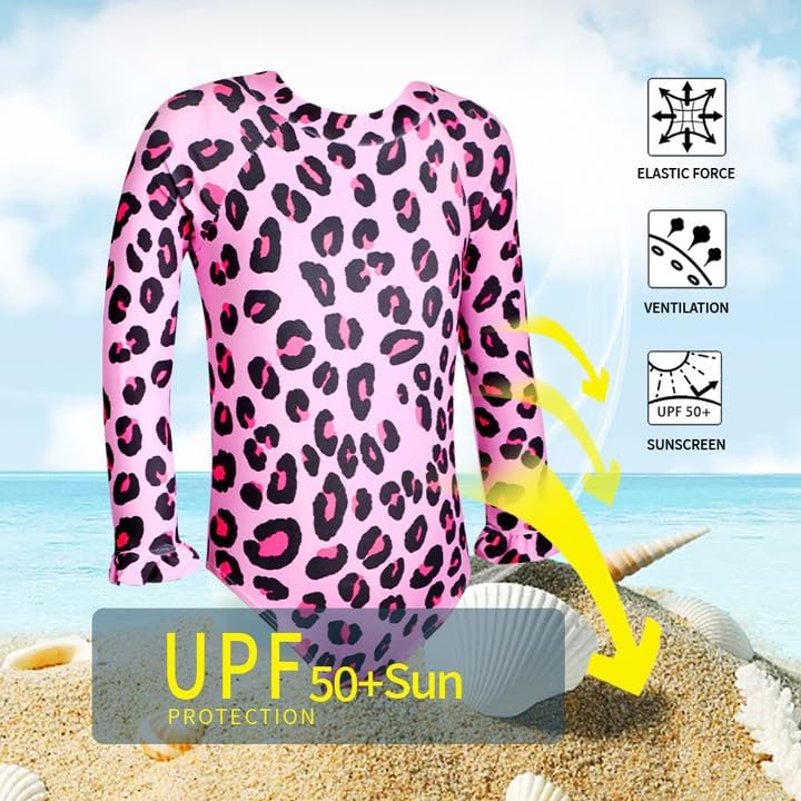 Image of Alakuoti Long Sleeve One Piece Ruffle Swimsuit for Toddler Girls Baby Girl Rashguard Shirt with UPF 50+ Sun Protection