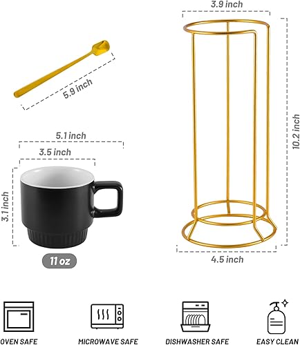 Miniatura 2 de LURRIER Juego de tazas de café apilables grandes de porcelana con estante y base de madera, juego de tazas de café hechas a mano con patrón de