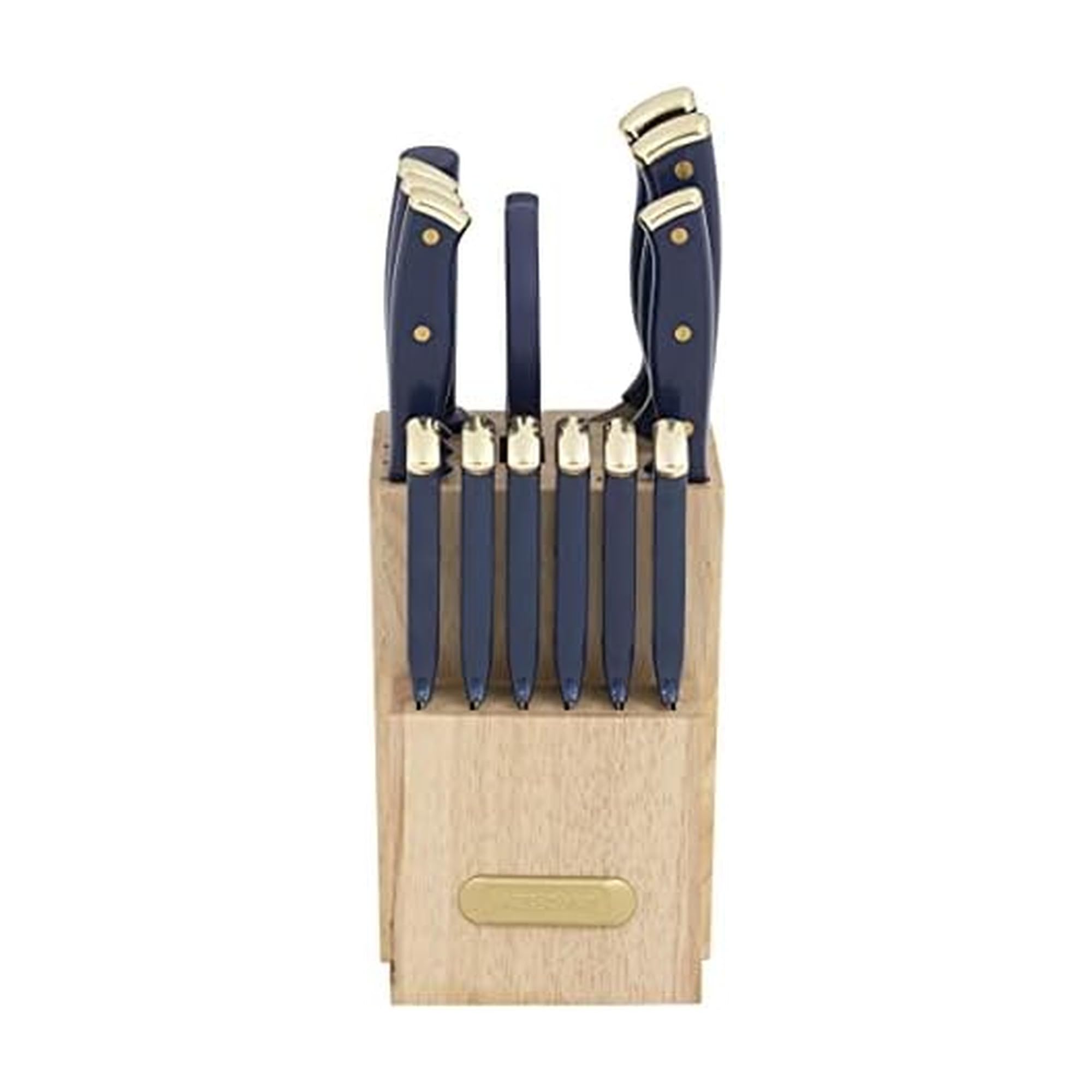 Farberware Triple Riveted Knife Block Set, 15-Piece, Navy and Gold, High-Carbon Stainless Steel Blades, Ergonomic Handles, Includes Wood Storage Block