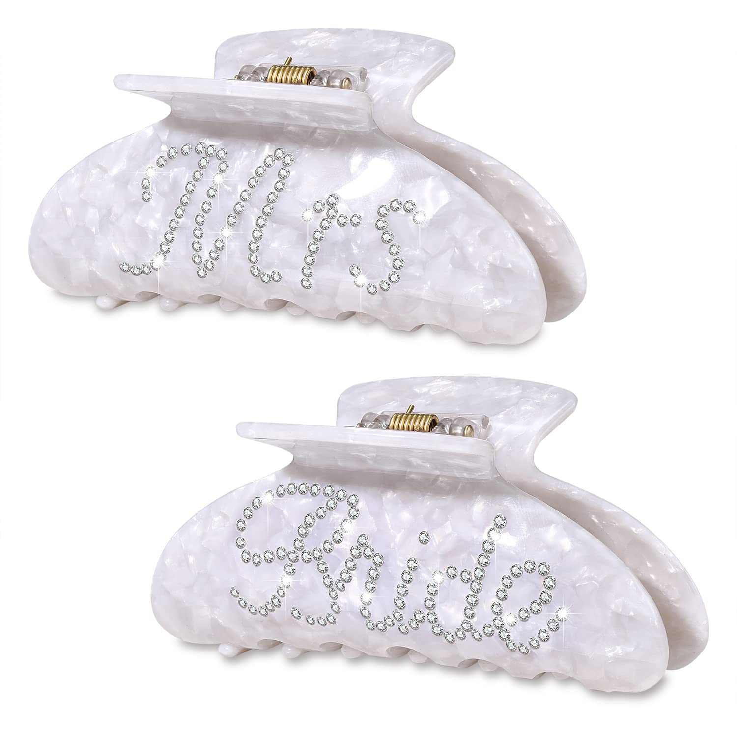 HZEYN 2 Pack Rhinestone Mrs Acetate Hair Claw Clips for Thick Hair - White, Bachelorette Party Favors, Bridal Accessories, Bride Gifts