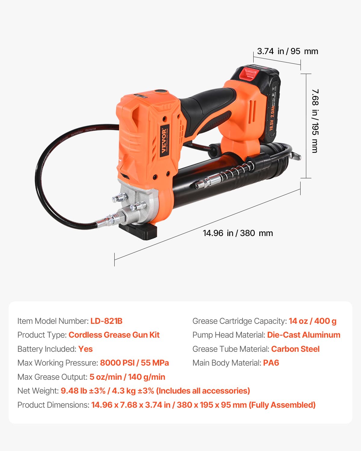 VEVOR Ingrassatore a Batteria Senza Fili, Pressione Massima 55 MPa Ingrassatore Elettrica, Batteria 2,0 Ah e Luce LED, Custodia per Trasporto, Grilletti a velocità Variabile, Ingrassaggio di Macchine