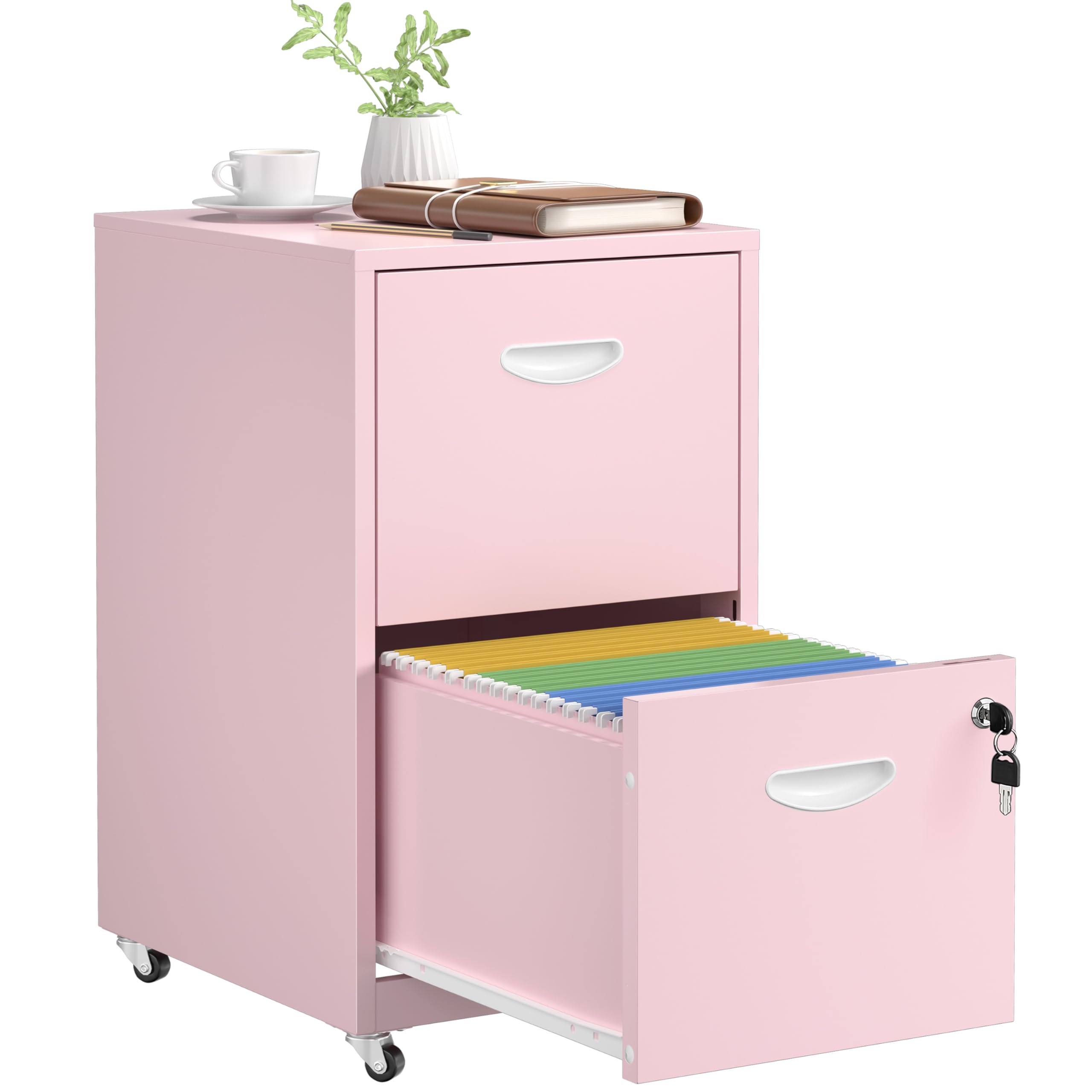 2 Drawer File Cabinet with Lock?Pink Rolling File Cabinet for Home Office, Metal Small Mobile Filing Cabinets on Wheels for Hanging Letter
