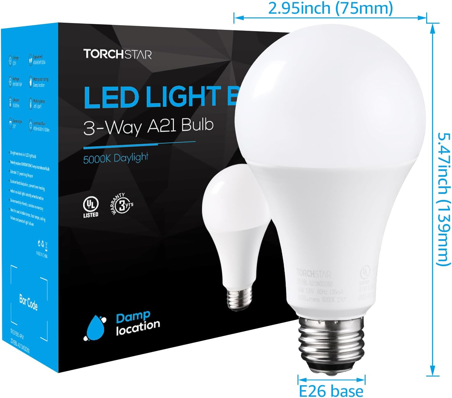 Dimensions of TORCHSTAR 3-Way LED Bulb A21