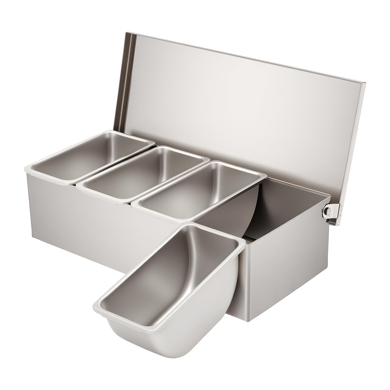 Zutatenbehälter, 4 Fächer Beilagenbehälter Bar Zutatenbox mit Deckel, Edelstahl Behälter für Gewürzen, Salz, Pfeffer, Zucker, Obstscheiben, 30x14x8cm