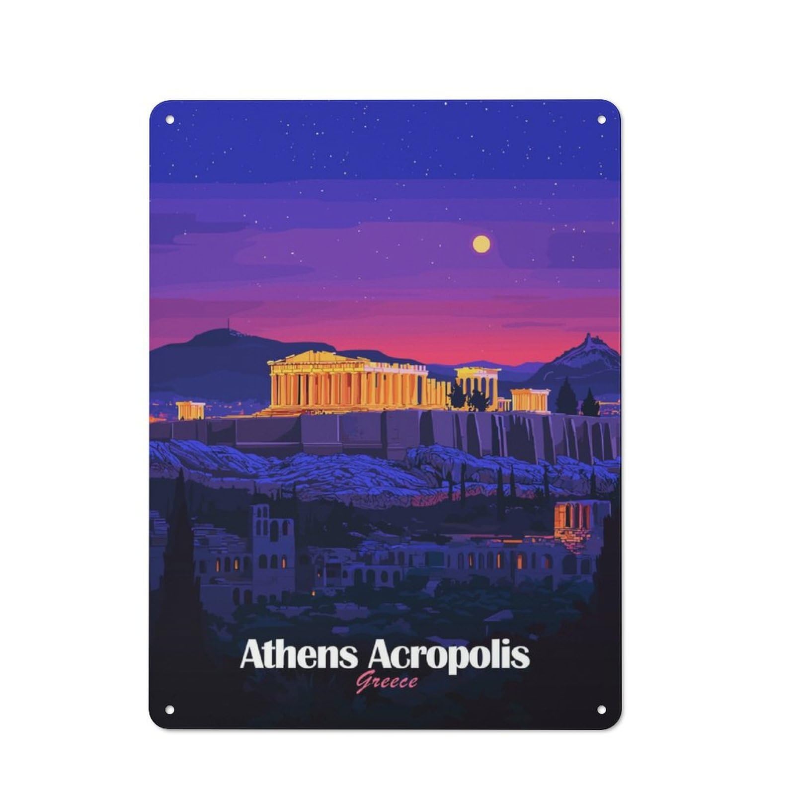 Junmoney Athens Acropolis Night Workshop Style Garage Metal Sign 40X30cm Featuring Industrial Wall Art For Garage, Hobby Room, Office Or Man Cave
