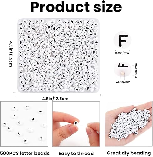 Miniatura 2 de Vellibring 500 cuentas de letras, pequeñas cuentas de plástico blanco y negro, cuentas redondas del alfabeto, F para joyería, pulsera, collar,