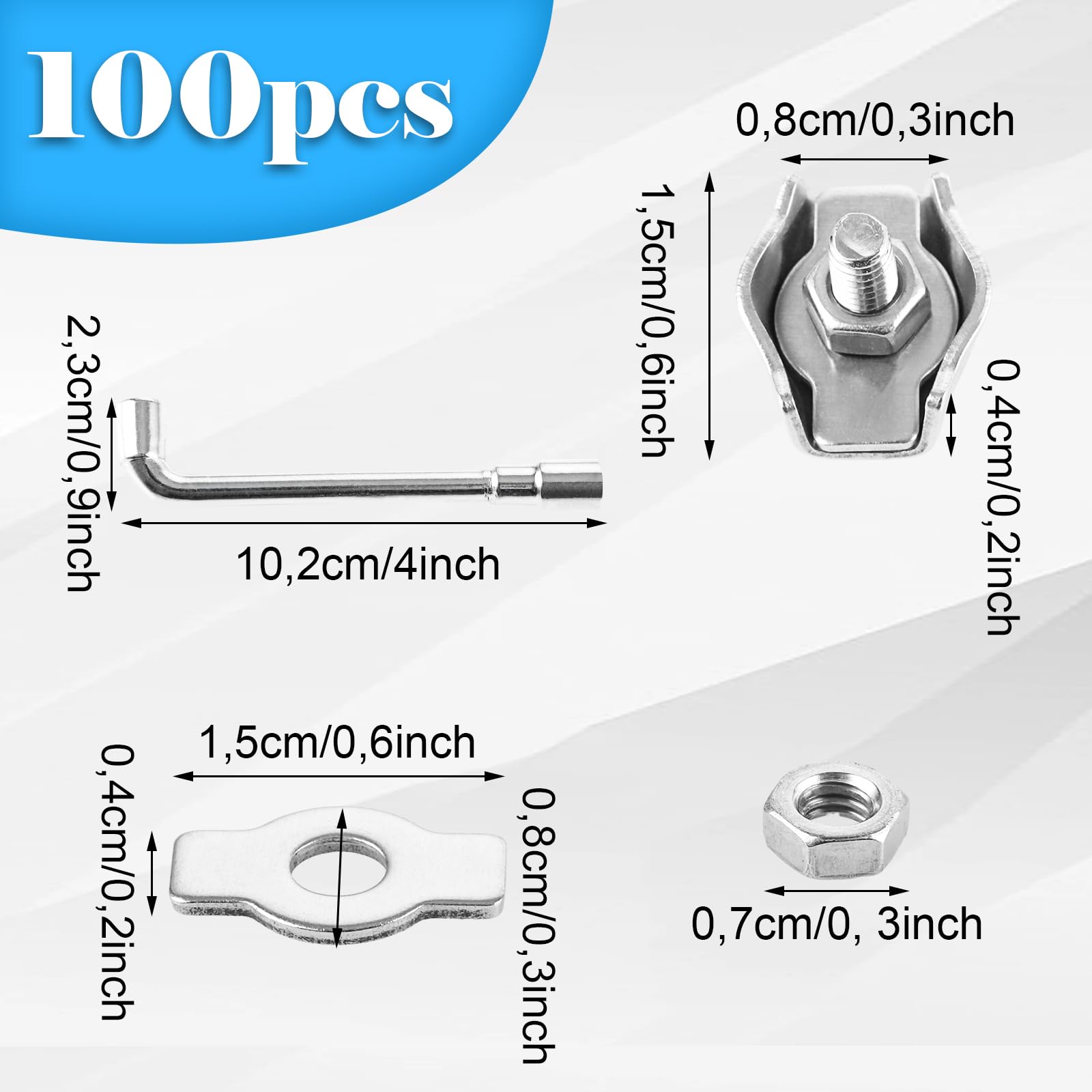 MIVIDE 100 Stück Drahtseilklemme M3, 304 Edelstahl Seilklemme Set, Seilklemme Kabelklemmen 3mm mit 7mm Schraubenschlüssel für Drahtseil Stahlseil Wäscheleine Markise Fixiert