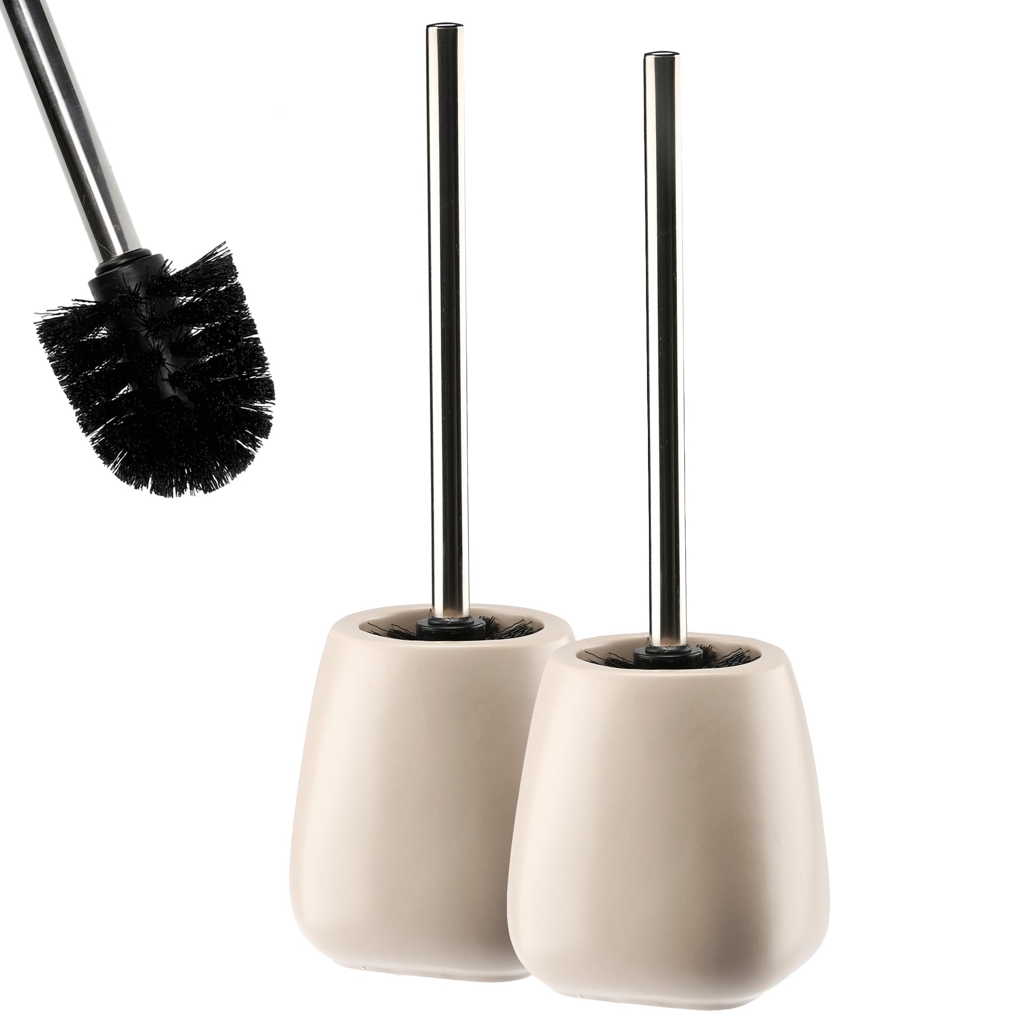 KADAX Escobilla de Baño con Base de Cerámica, Mango Largo de Acero y Cerdas Duraderas para una Limpieza Profunda de Inodoros (Set de 2, Beige)