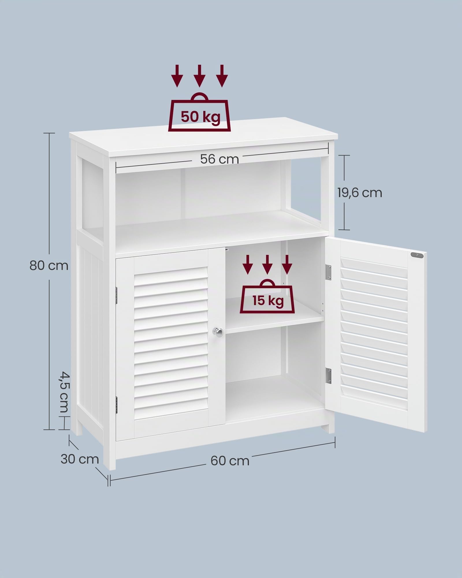 VASAGLE Mobile da Bagno, Mobiletto da Bagno e Cucina, Armadietto con Anta Doppia a Persiana, 30 x 60 x 80 cm, Bianco BBC40WT