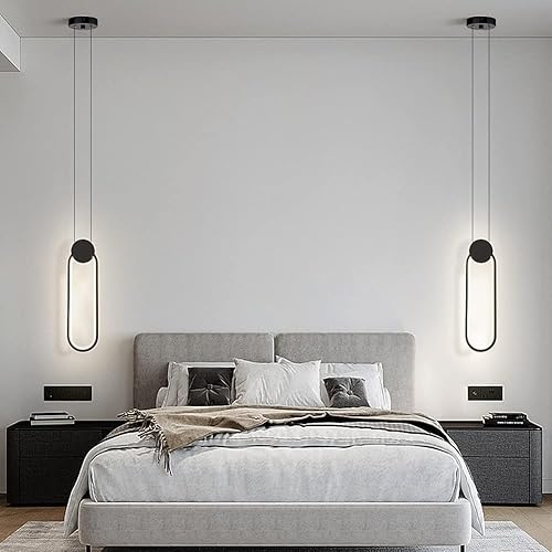Miniatura 4 de Lámparas colgantes LED negras modernas, paquete de 2 unidades, diseño minimalista, iluminación colgante ovalada para isla de cocina, luz colgante