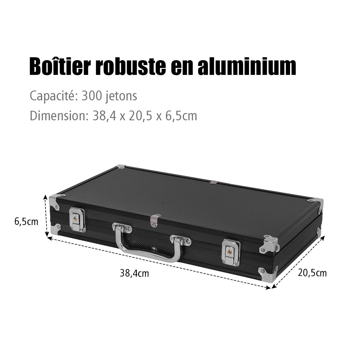 DREAMADE Mallette de Poker Verrouillable avec 300 Jetons avec Autocollant Laser, Bouton de Donneur, 2 Jeux de Cartes, 5 Dés et Mallette de Poker en Aluminium (Noir)