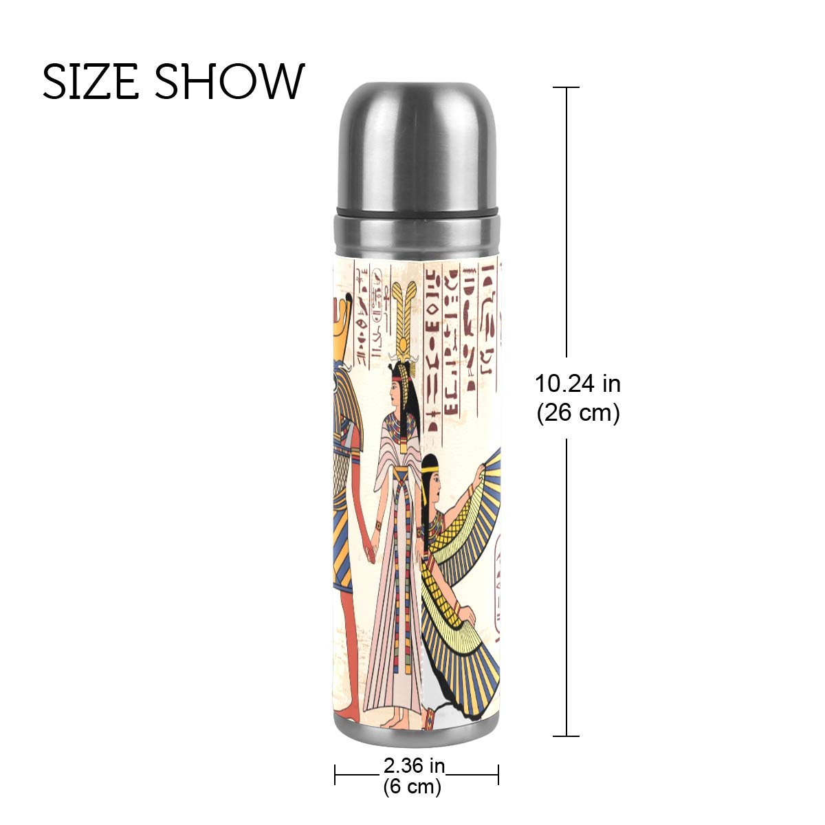 Thermosflasche, Vakuum-isoliert, Edelstahl, doppelwandig, auslaufsicher, ägyptische Lmage der Götter, Hieroglyphen, personalisierbar, bedruckt, echtes Leder, 500 ml