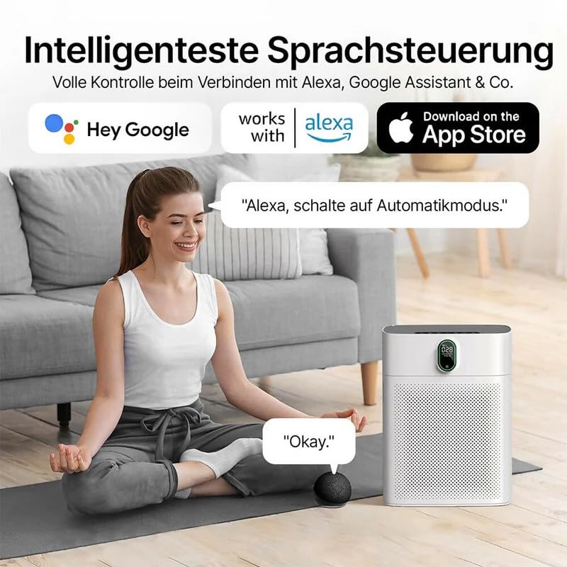 Woman using voice commands with a smart speaker to control the air purifier, showing compatibility with Alexa and Google Assistant.
