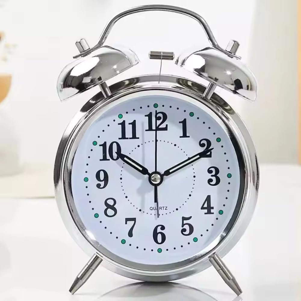 One94Store Vintage Table Alarm Clock, Metal Twin Bell Analog Display with Night LED Light Battery Operated Loud Sound Alarm Voice Clock for Heavy Sleepers, Students, Bedroom/Office (Silver, 4 inch) (B0D7J1DDD7) Amazon Price History, Amazon Price Tracker