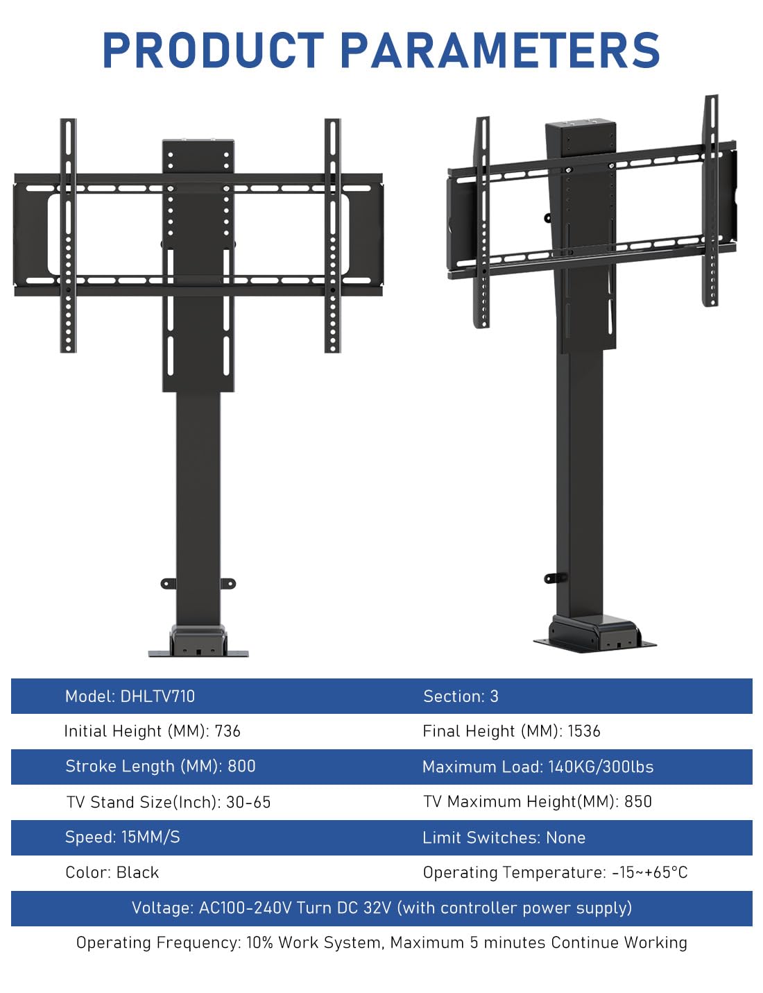 DIHOOL TV Elettrico con telecomando per 60-75 pollici Max 100kg TV stand regolabile in altezza (altezza: 710-1610MM)