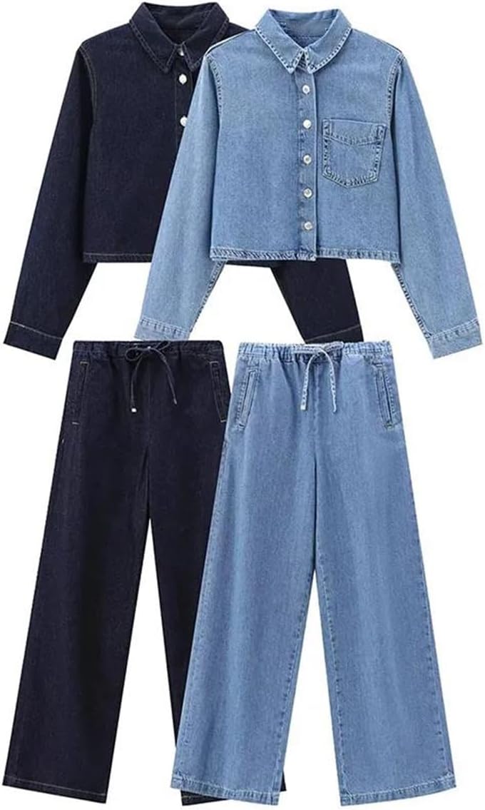Womens Pleated Denim Shirt And High Waist Wide Leg Pants Set With Drawstring Waist Casual Comfortable Outfit