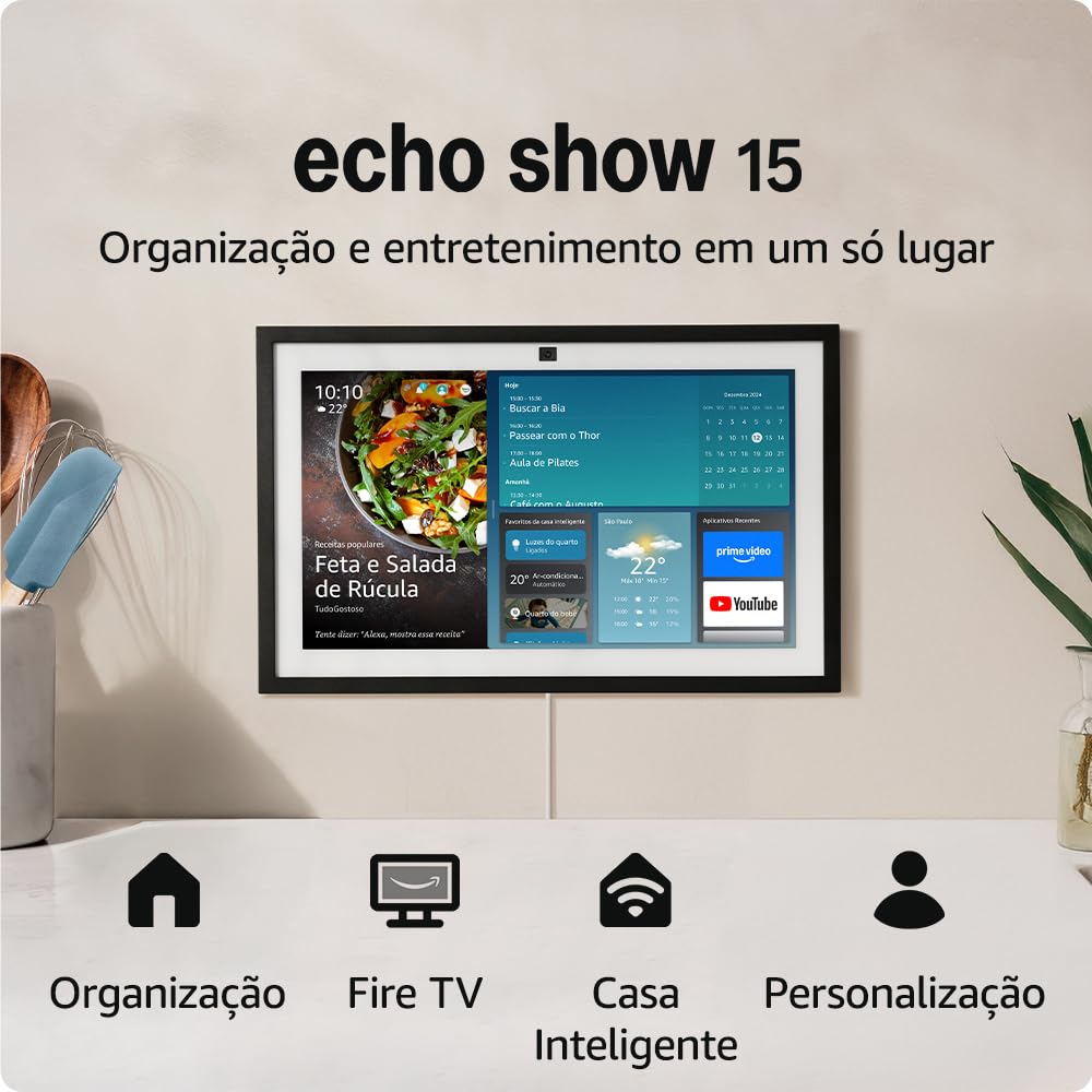 Echo Show 15 (Geração mais recente) | Smart display Full HD de 15,6” com Alexa, experiência Fire TV e controle remoto por voz